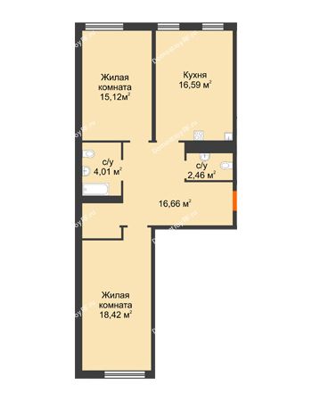 2 комнатная квартира 73,26 м² в ЖК Акватория	, дом ГП-1