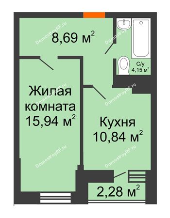 1 комнатная квартира 40,76 м² в ЖК Россинский парк, дом Литер 1