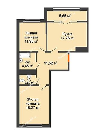 2 комнатная квартира 69,37 м² в ЖК Сердце, дом № 1