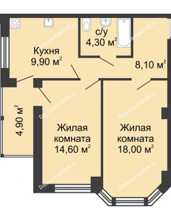 2 комнатная квартира 59,8 м² в ЖК Мега, дом № 118, секция 2