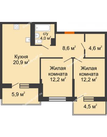2 комнатная квартира 62,5 м² в ЖК Отражение, дом Литер 1.2