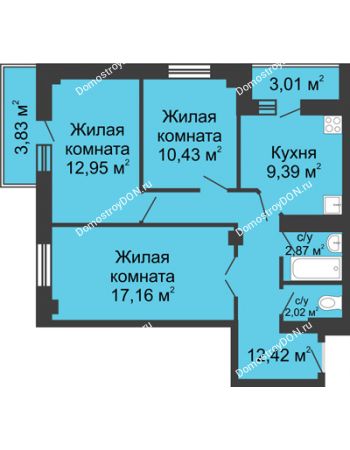 3 комнатная квартира 74,05 м² в ЖК Северные высотки, дом № 2