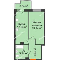 1 комнатная квартира 39,2 м² в ЖК Город у реки, дом Литер 7 - планировка