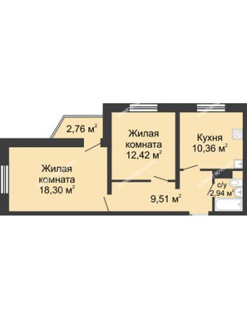 2 комнатная квартира 54,36 м² в ЖК Мончегория, дом № 3
