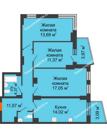 3 комнатная квартира 76,3 м² в ЖК Город у реки, дом Литер 7