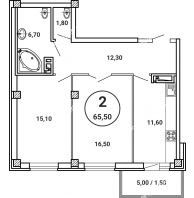 2 комнатная квартира 65,5 м² в ЖК Лебедь, дом № 50 - планировка