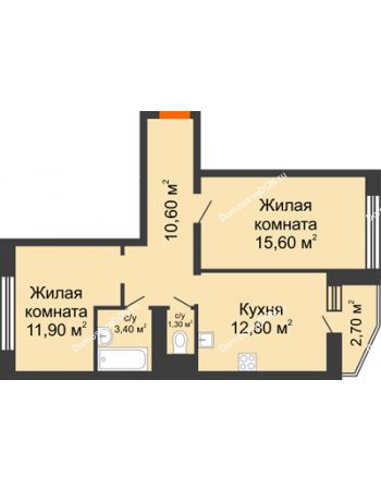 2 комнатная квартира 57 м² в ЖК 5 Элемент (Пятый Элемент), дом Корпус 5-7 (Монолит)