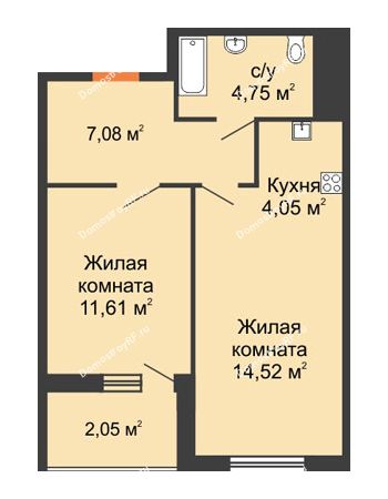 2 комнатная квартира 44,06 м² в ЖК Оникс, дом Литер 4