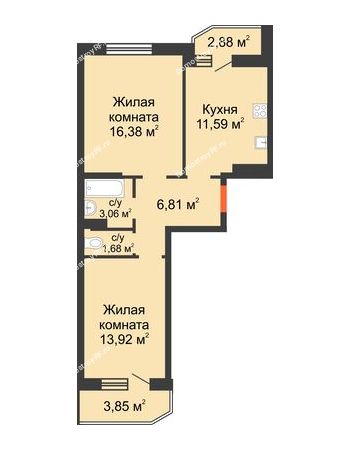 2 комнатная квартира 56,81 м² в Семейный квартал Достояние, дом Литер 1