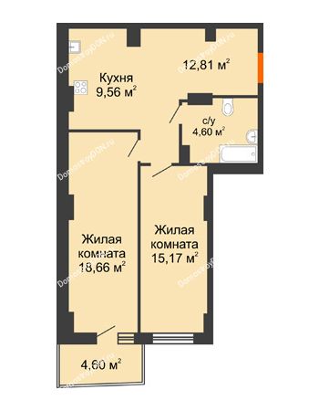 2 комнатная квартира 61,94 м² в ЖК Сердце Ростова 2, дом Литер 8