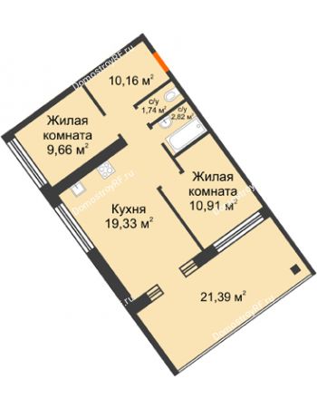 2 комнатная квартира 54,78 м² в Микрорайон Звездный, дом ГП-1 (Дом "Меркурий")