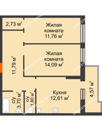 2 комнатная квартира 59,4 м² в ЖК Циолковский, дом № 2