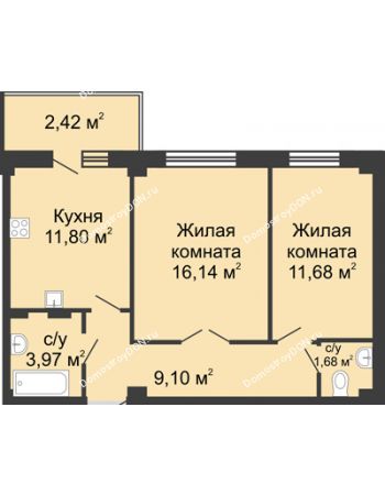 2 комнатная квартира 55,8 м² в ЖК Соловьиная роща, дом № 1