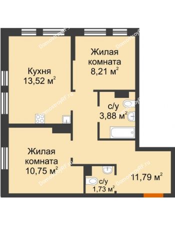 3 комнатная квартира 49,88 м² в ЖК Сердце Сибири, дом № 76, квартал Геологов (ГП-2)