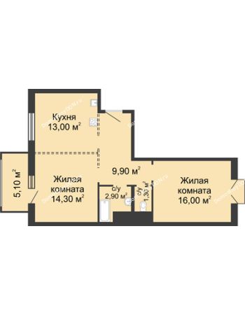 2 комнатная квартира 58,9 м² в ЖК 5 Элемент (Пятый Элемент), дом Корпус 5-1.1