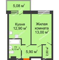1 комнатная квартира 43,88 м² в ЖК Гвардейский 3.0, дом Секция 1 - планировка