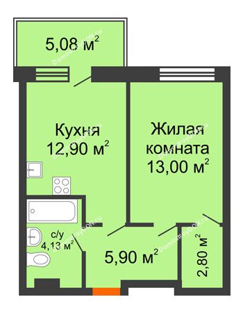 1 комнатная квартира 43,88 м² в ЖК Гвардейский 3.0, дом Секция 2