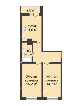 2 комнатная квартира 58,1 м² в ЖК Корабли, дом № 54