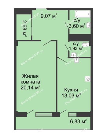 1 комнатная квартира 50,7 м² в  ЖК РИИЖТский Уют, дом Секция 1-2