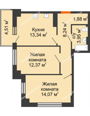 2 комнатная квартира 55,2 м² в ЖК Аврора, дом № 3