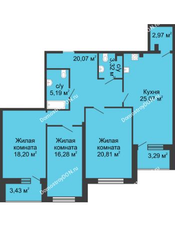 3 комнатная квартира 119,1 м² в ЖК Тихий Дон, дом № 1