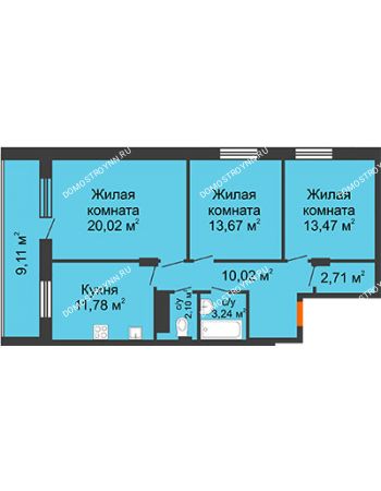3 комнатная квартира 82,33 м² в ЖК Облака, дом № 2