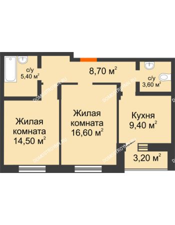 2 комнатная квартира 60,5 м² в ЖК Подкова на Цветочной, дом № 7