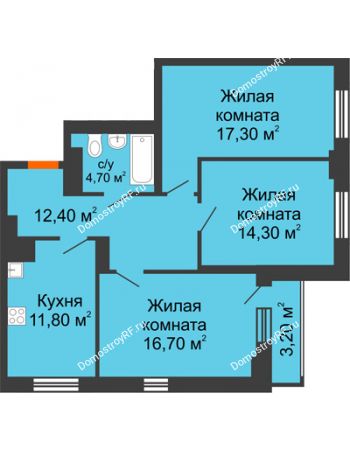 3 комнатная квартира 78,8 м² в ЖК На Высоте, дом 2 этап