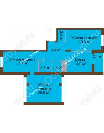 3 комнатная квартира 101,6 м² в ЖК Монолит, дом № 89, корп. 1, 2