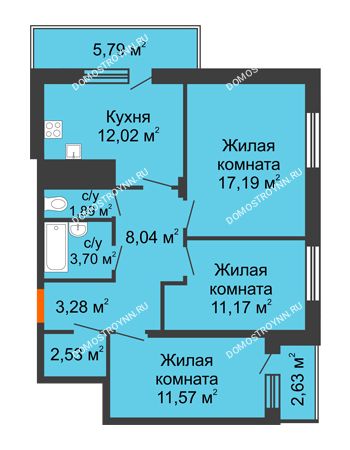 3 комнатная квартира 74,44 м² в ЖК Циолковский, дом № 5