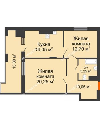 2 комнатная квартира 75,7 м² в ЖК Симфония, дом 3 этап