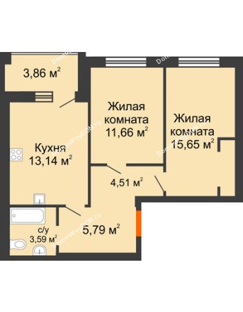 2 комнатная квартира 77,6 м² в ЖК Измаильский экоквартал, дом 1 этап