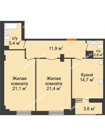 2 комнатная квартира 79,1 м² в ЖК Квартет, дом № 3