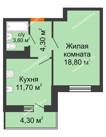 1 комнатная квартира 40,7 м² в ЖК Я, дом  Литер 2