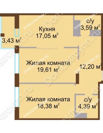 2 комнатная квартира 75,22 м² в ЖК Высоково, дом № 2