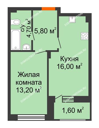 1 комнатная квартира 41,3 м² в ЖК Заречье, дом № 7