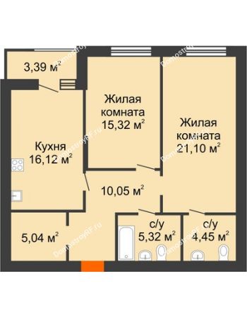 2 комнатная квартира 79,1 м² в ЖК Бунин, дом 2 этап секция 8-10