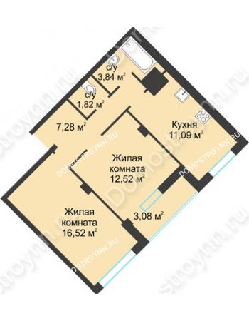 2 комнатная квартира 56,15 м² в ЖК На Вятской, дом № 3 (по генплану)