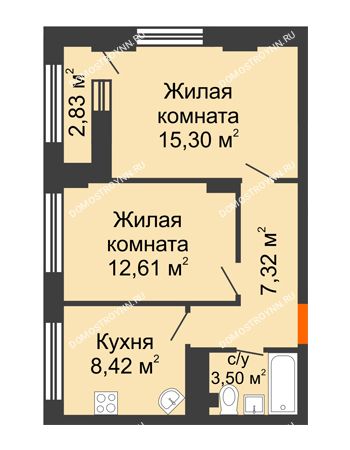 2 комнатная квартира 48,57 м² - ЖК Каскад на Сусловой