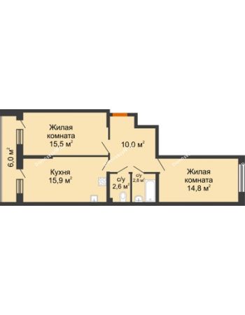 2 комнатная квартира 64,6 м² в ЖК Самолет, дом 4 очередь - Литер 22