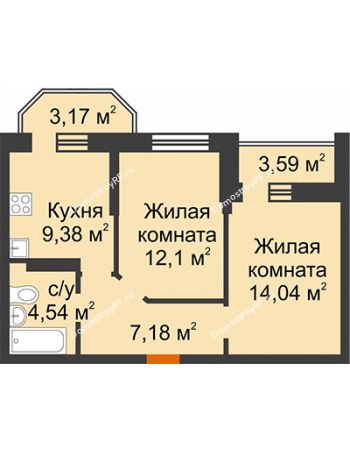 2 комнатная квартира 49,99 м² в ЖК Светлоград, дом Литер 15