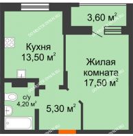 1 комнатная квартира 44,1 м² в ЖК Подкова на Цветочной, дом № 9 - планировка