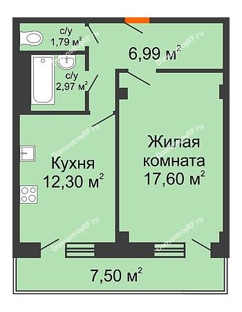 1 комнатная квартира 43,92 м² в ЖК Парковый, дом 6 позиция, блок-секция 3