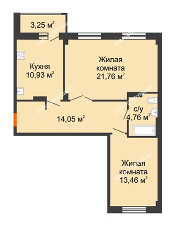 2 комнатная квартира 66,59 м² - ЖК Семейный