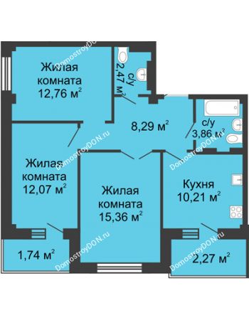 3 комнатная квартира 66,6 м² в ЖК Соловьиная роща, дом № 3