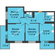 3 комнатная квартира 68,2 м² в ЖК Отражение, дом Литер 2.2 - планировка