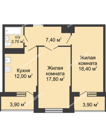 2 комнатная квартира 64,5 м² в ЖК Первый, дом Литер 1
