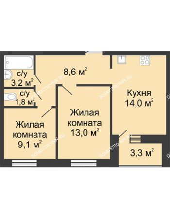 2 комнатная квартира 51,35 м² в ЖК Цветы, дом № 11