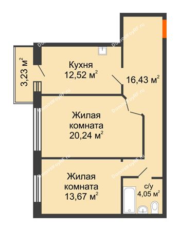 2 комнатная квартира 68,73 м² в ЖК Бограда, дом № 2