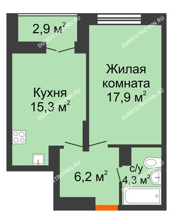1 комнатная квартира 45,15 м² в ЖК Заречье, дом №1, секция 2